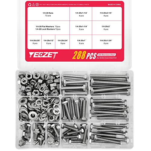 1/4-20" Hex Bolts and Nuts Washers Assortment Kit, 288PCS - Stainless Steel - Grip Support Store